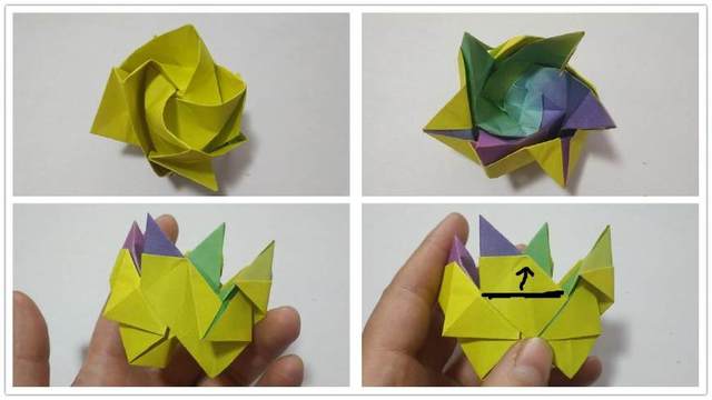 步骤6：上面一个角这样折好后，其他3个角也是同样的折出来，4个角全部折好后，翻到背面，看右上角图2下面的小角往上折，然后接着把整个角往左对折，注意对齐最左边的边缘线，然后左边相邻的纸张往右把三角包裹起来折到后面去。按照图片来一步一步操作就可以。