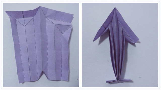 步骤2：前面在折痕折好后，然后按照折痕把纸张折好，这里注意下实线折痕是峰折，虚线折痕是谷折。峰折就是凸出来的像山峰一样高的那个，谷折就是凹下去的矮的那个像山谷一样。