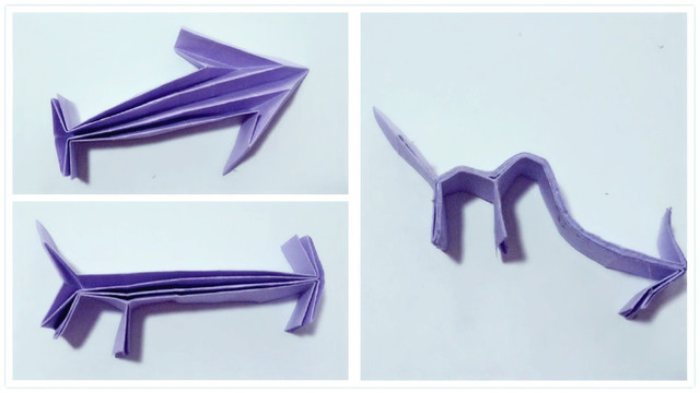 步骤3：按照折痕把纸张折叠成这个箭头鱼的形状后，然后翻到反面，接着来整形状，箭头的顶端整理成M的左半部分，然后剩下的右半部分捏出来，最后把底部的2个折成小箭头，这样一个天蝎座星座符号折纸就做好啦。