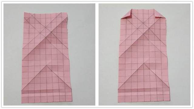 步骤1：准备材料：很简单一张长宽比1:2的长方形纸张。做法不难，就是需要花一点小心思。我把折痕都画出来了，这样方便理解，先对折，纸张横向8等分，竖向16等分，按照图片把画的折痕折出来，然后把最顶端是2个角对折。