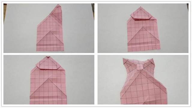 步骤2：接着把纸张斜对折，注意这里是2条斜痕中间对折，然后右上角往左对折。这样折出一个类似钻石的形状。右上角图2，接着把这个钻石形状的顶端的小三角往下对折，然后把纸张打开，顶端小三角沿着折痕压下去，出来一个小正方形。