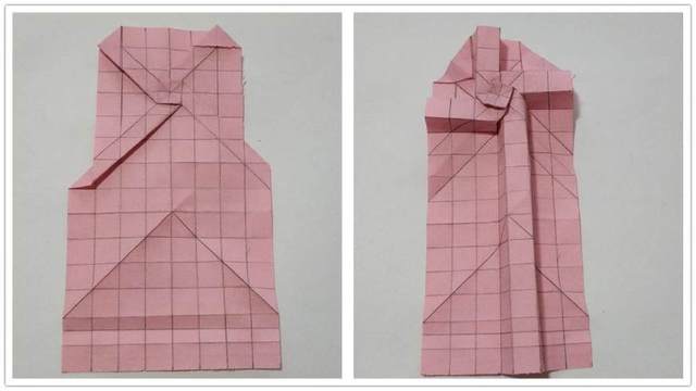 步骤3：这一步按照折痕把纸张按照左上角图1的样子折出来，这里做法跟川崎玫瑰的做法差不多，做法不难，慢慢照着图片来，折好之后，然后把4条格子周围的那一个格子也折出折痕，折出立体感。