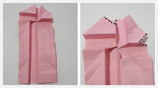 步骤4：如果之前没有折过川崎玫瑰的亲们，也没关系，按照图片上的，慢慢来折，一步一步的也是很简单的。小编我第一次就学会了哦，然后把反面也拍一下，翻到反面，注意我右图上用笔标注的地方是需要折的地方，把2个地方全部往后对折纸张。