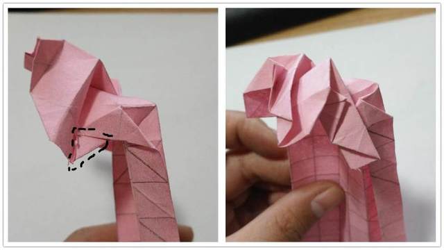 步骤7：前面左边的边缘处对折好之后，再来折一个小细节，左图上标注的地方，把前一步折好的三角往上对折，然后进入玫瑰花朵整形状部分，这里不大好描述，你们看图吧