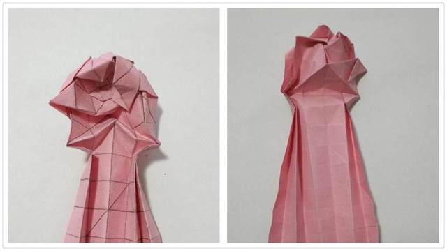 步骤10：前面一步中间折出一个小三角形状，然后接着按照图上的把三角折平，成为一道横向的折痕。