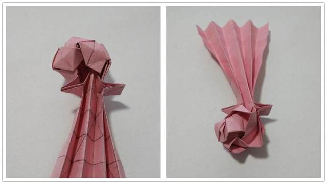 步骤11：然后把玫瑰花苞再整合一下，按照一个方向，前面没学会花朵的，注意看这里就会明白了，然后把下面的按照折痕往里收，正面和反面的图片。