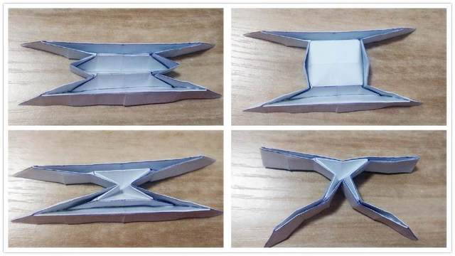 步骤2：前面的折痕折好了之后，然后按照折痕把纸张重新组合成左上角图1的样子。然后接着把中间撑开，折成正方形，然后再把纸张往里折，形成内折的样子，接着把最上面的横向的纸张的左右2个角折到里面形成正方形。然后摆好形状。