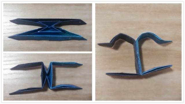 步骤4：别着急哈，同样的折法，我们接着来做天秤座，前面的步骤是一样的，把纸张折到左上角的步骤这里，下一步把纸张中间的折平，折出一个“工”字的形状，然后最后进入整形状，顶端折2个弯曲的拱桥状，周边平折，底下是平着的，这样一个天秤座的形状符号折纸就完成啦！