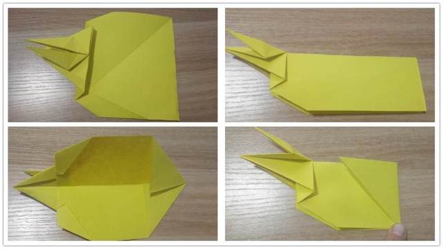 步骤3：2边纸张对齐金牛的牛角后，然后先把整个头部往后对折，然后再整体折到前面来，形成一个山谷。然后把纸张上面翻到下面对齐，把底端的纸张左右2边往中间对折，然后合上，接着再把折好的三角往左对折。按照图片演示来操作，很简单的。