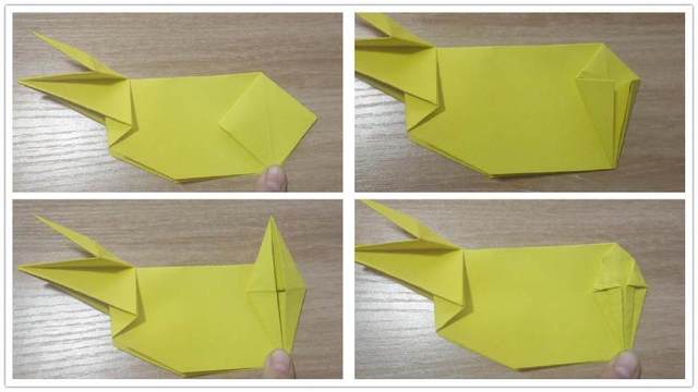 步骤4：前面折好的三角再把它往右折，然后中间压平，折出菱形来，接着把菱形的左右2个角往中间对折，然后折痕打开，纸张沿着折痕往里折，把三角折到上面去，压平，就是左下角图3的样子，紧接着把上面的三角翻到下面来，然后左右2个小角折出来，这一步不好描述，看下右下角图4就明白了。