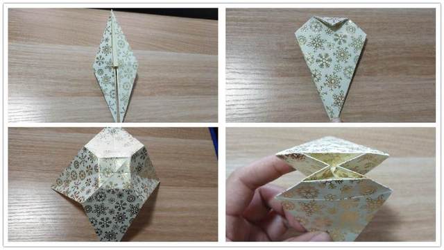 步骤2：前面折好了之后，背后的纸也是一样的折出来，然后把上面的纸翻到下面来，前后一样，这样顶端会露出来一个尖尖的头，然后把那个尖尖的头往下对折，然后把纸张全部打开，中间的小正方形折痕折出来，然后沿着折痕把正方形折到里面去。