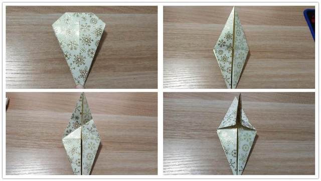 步骤3：前面的正方形折好了之后，把纸张折好，前面看是一个钻石的形状，然后再把下面的角翻到上面去，背面的角也一样翻到上面去。接着把上面的角先往左对折一次折出折痕，再往右对折一次折出折痕。然后沿着折痕把纸张竖起来，就是右下角图4的样子。