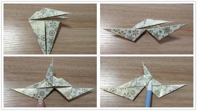 步骤4：把上一步折的站起来的角压到右边去，然后背面的纸张也一样的折叠，前后对称。接着把下面的2个角分别往上对折，对折好之后把折痕打开，把纸张从里面往外翻折，就是内折。然后把顶端的角往右对折接着再翻到右边去，最后是右下角图4的样子。