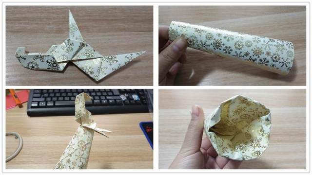 步骤6：沿着上一步标好的折痕把角往下压下去，这样处女座折纸教程的大致部分就做好了，然后最后再取一张纸来，卷起筒来，注意要是一个斜度的筒，上头小，下头大，然后把处女座的上半身套在纸筒里，把底下多余的纸张往里折，底端折平。