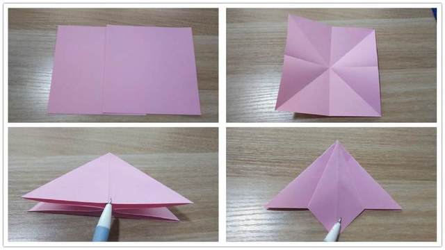 步骤1：准备材料：2张正方形纸，我用的15cm的做示范，先取其中的一张纸折出米字型折痕。然后按照纸张折痕把纸张重新折叠组合成三角形的样子，接着把右边的一个角折到左边，然后从中间压下去，对称的折，折出折痕。