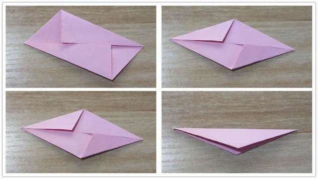 步骤3：取其中的一张纸，先把纸张斜向对折，然后把纸张上下往中间对折，按照左上角图1的样子，接着把相邻的纸张也往中间对折，对折好了，把上面的纸张翻到下面，2边对齐。