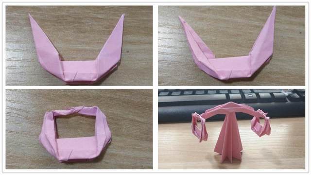 步骤7：前面一步折好了之后，把纸张的左右2个角往上翻折，注意折的位置，是原来的边缘正好对齐最顶端的横向纸张边缘。像兔耳朵一样，然后再把左右两边里面的往外翻折，最后把上面的往里折，中间的拧在一起，就做好的天秤座的一个秤砣了，再做一个一样的，做好后，挂在天平上，这样一个粉色的天秤座折纸就做好了！