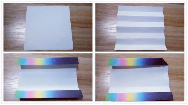 步骤1：准备材料：一张正方形纸，我这里用的是15cm的正方形纸，然后把纸张横向对折4次，也就是平均八等分。然后把纸张最上面的一格和最下面的一格对折，然后把顶端纸张最右边往下对折一个三角。