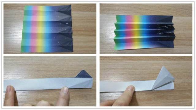 步骤3：然后接着同样的，先把纸张对折到第3格子，然后按照前一步的步骤折出折痕，然后再接着把纸张对折到第5道折痕，同样的折出折痕，最后把纸张对折到第7道折痕，一样的折出折痕，全部折好后，把纸张展开，平铺，然后再按照折痕折起来，同时注意把第2和第3个山谷里的三角往上折，然后翻到侧面，沿着手指所指的折痕把下面的三角翻到上面去。