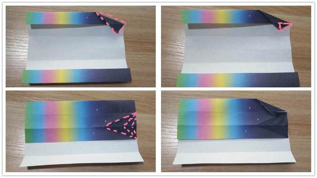 步骤2：上一步对折好了之后，然后把前一步对折好的三角形往下对齐纸张边缘，然后再对折，折出折痕，接着把对折好的三角的最下面的小三角往上对折，图片可能看不太清晰，我用红色笔做标记了，你们看下应该可以，这个很简单的。前面折好了之后，然后把纸张展开，总共出现6道折痕，这是一个完整的步骤。