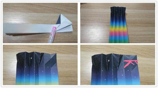 步骤4：前一步把纸张右下角的三角翻到上面去之后，注意要压平，这时候你会发现在背后会有多余的一个小三角，然后把这个小三角折到前面来就可以了，然后再把最右边的那个也同样的步骤折好，接着把纸张翻回到正面，然后把最右边的纸张折出我图上标注的4条折痕来。