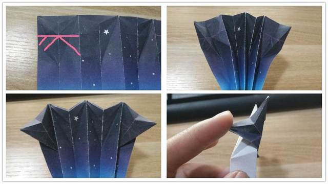 步骤5：最右边的纸张折痕折出来以后，最左边的纸张也对称的折出来，然后把纸张再折起来，就是右上角图2的样子，接着把纸张最边缘的小三角按照折痕往外折，最左边和最右边的三角按照折痕把小三角往外翻，可以对照一下右下角图4。