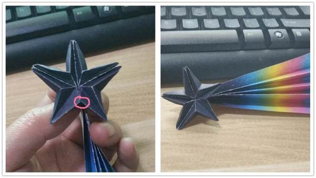 步骤6：左右2边都是同样的步骤，然后把纸张靠在一起，把最左边和最右边纸张相接的地方粘上点胶水，这样许愿流星就做好啦，不知道你们学会了没有？喜欢的亲们记得支持下哦，也可以关注下，每天更新作品，欢迎一起来交流！