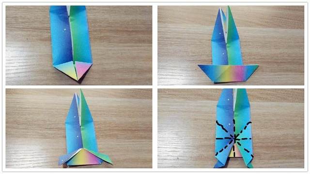 步骤3：然后把纸张翻过来，这个是反面的样子，把反面最下面的纸张左右两边往中间对折，折出三角形三边的折痕，然后把纸张展开，沿着折痕把纸张往前折，纸张压平对齐。然后按照左下角图3的样子把上面左右2个角往下折，注意折三分之一左右就可以了，然后把角翻折到里面，折出米字型折痕，对照右下角图4。