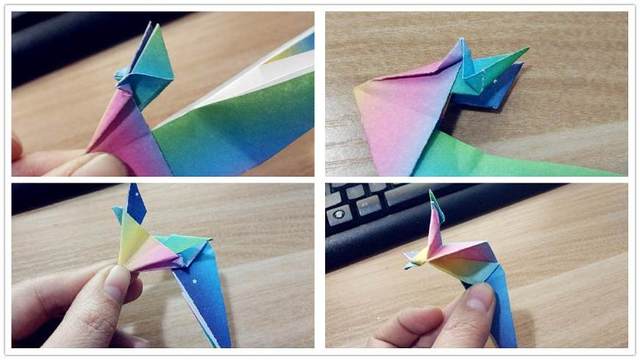 步骤5：然后把折好的顶端的2个角往下对折，这里注意轻一点哦，然后按照右上角图2的步骤图，把纸张沿着图片折出来，折好之后把摩羯的头压平，然后身体往前对折，接着把折痕打开，沿着折痕压下去。