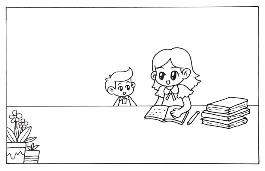 步骤3：在老师旁边画出一个学生，书桌左下角画一上花朵盆栽作为装饰。