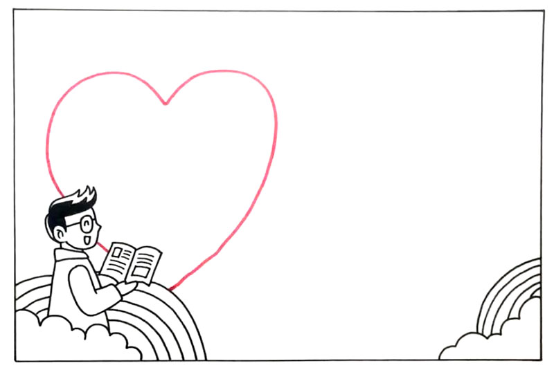 步骤2：老师背景画上一个大桃心，右下角画出彩虹白云装饰。