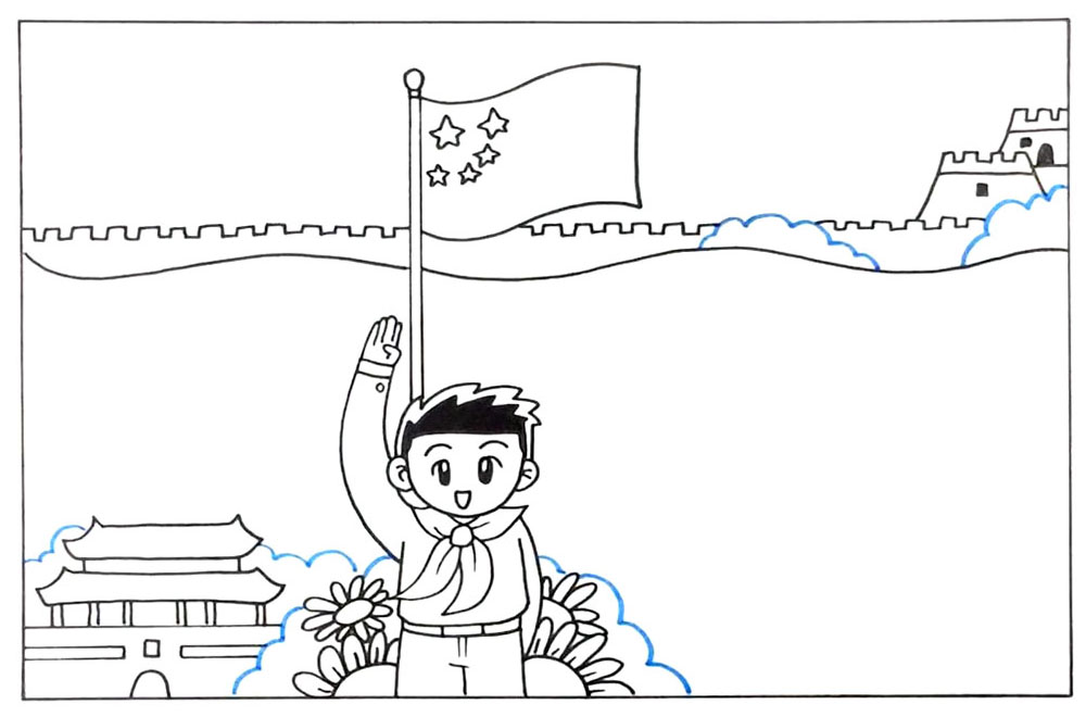 步骤3：画上长城、天安门的图案。