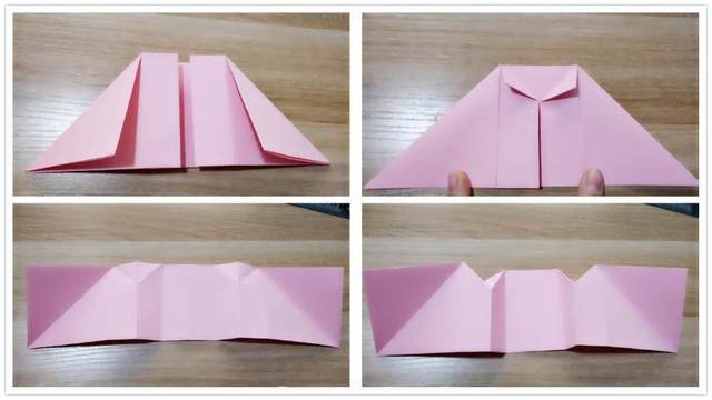 步骤2：上面的折痕折好后，留下最左边和最右边一个格子，剩下的4个格子折到里面去，就是左上角图2的样子，然后接着把顶端左右各折2个角，接着把纸张展开，会出现刚才折的折痕，然后把2个三角沿着折痕压下去，折出一个立体的面。如果这一步不懂没有关系，看下一步，我拍出图片来了