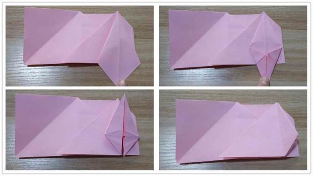 步骤4：对折好之后，把这个三角形展开，沿着折痕平压下去，然后把左右2边的纸张往中间对齐，对齐之后，把纸张打开，沿着折痕把三角形的顶端往上折，剩下的纸张折齐，就是左下角图3的样子，我描述的可能有点不对，你们看图片吧，这一步折好了之后然后把左半部分翻到右半部分对齐，这样就是最后右下角图4的样子。