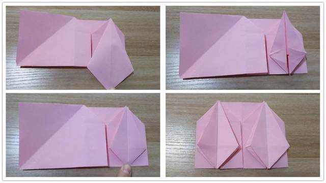 步骤5：然后同样的我们把右边三角的左半部分纸同样的步骤，先压平压出菱形，然后左右纸张往中间对折，接着纸张打开沿着折痕把纸折到上面去，然后再把右半部分的纸翻到左半部分对齐，这样右边的完整折法就折好了，同样的折纸步骤，我们把纸张的左边折出来，最后就是右下角图4的样子。