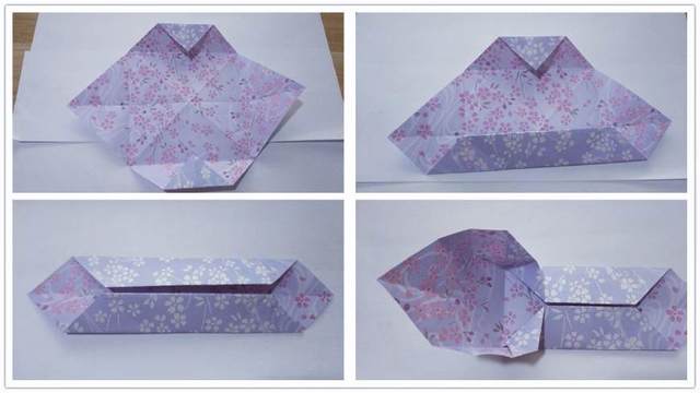 步骤2：接着下一步把上下2个角往中间第一道折痕对折，然后接着把三角往前对折，连续对折2次到中间线，上下一样的对称折，对折好了就是下图左下角的图3，然后接着先把左边的纸上下两个角往外撑，折下去，折痕对齐纸张中间线。要是不明白，看下右下角图4就好啦。