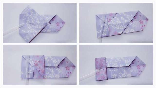 步骤3：接着上面一步，把左边的三角往右下方压下来，把边缘折痕对折压下去。这样会出现一个躺着的钻石形状，然后接着把钻石的上下2个角往中间对齐，同时把右边的角往左对折。3个角对折好的图片是左下角图3，然后把这个右边的半个正方形对折到左边来，右下角图4的样子。