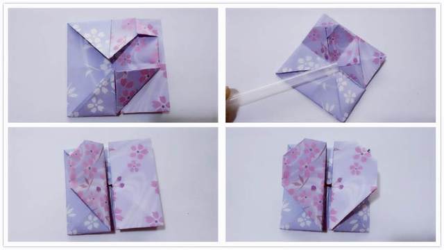 步骤5：然后我们现在进入折心形收纳盒的最后一步啦，是不是有点小激动，因为实在是太简单啦，是不是？嘻嘻，接着来哈，盒子做好啦，现在就差爱心啦，那把左边的小长方形往右翻，翻到反面，我们把小长方形的下面对折一个角，小长方形的顶端折一个小一点的角，然后沿着折痕把这2个角收到里面去。然后再翻回到正面就好啦，右边的那半部分同样的步骤哦，你们懂得。