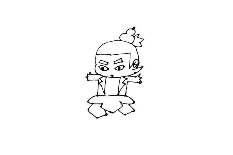 步骤8：在下面画上裤腿，左边的稍微弯折一些，右边的就是一个长方形。