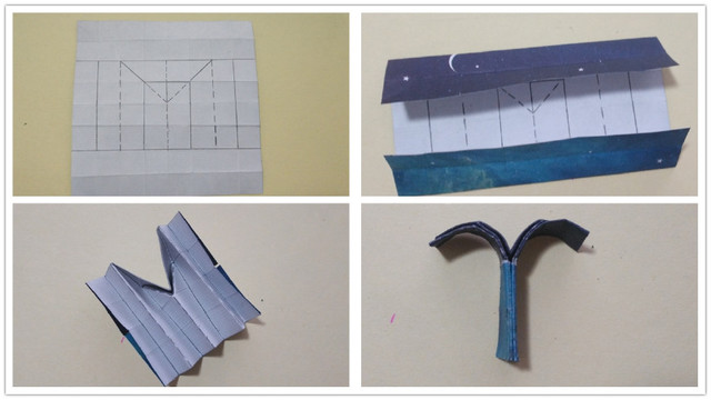 步骤5：最后我们来介绍一下温文雅尔的白羊座星座符号吧，白羊座也叫牡羊座。白羊座的星座符号也很简单，单看一个公羊的头加一对羊角。简单又不失高贵。纸张也是一样大小哈，然后对折出8乘8的小正方形格子，然后按照图上的划线把线画出来，这次是实线是谷折，虚线是峰折，然后先把上下2格子纸张往中间折，然后按照折痕把纸张折出来，最后把顶端的2个角折弯一点，底部粘胶把形状固定好，白羊座的星座符号就做好了。