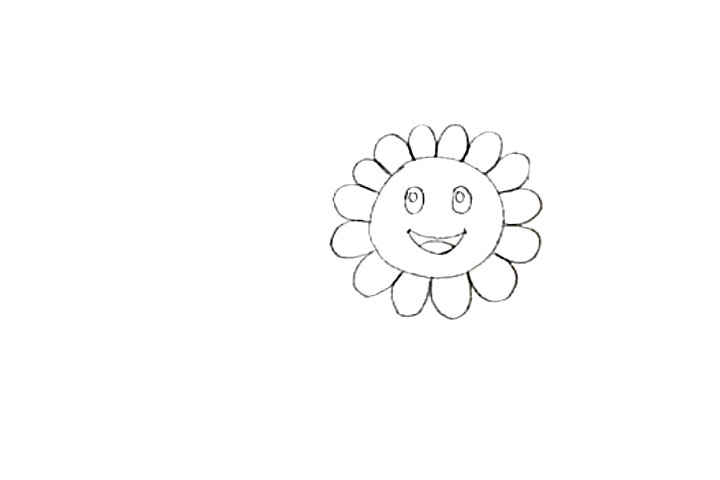 步骤2：接着围绕花盘画上它的花瓣，在花盘中画出可爱的笑脸。