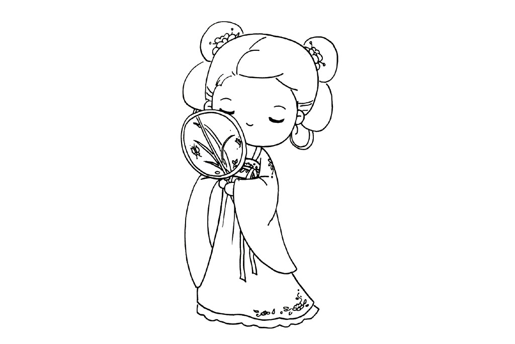 步骤8：画裙子和扇子上的花纹。