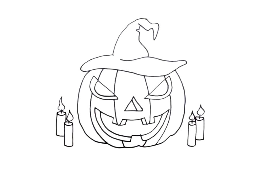 步骤6：在南瓜灯左右画出几颗蜡烛。