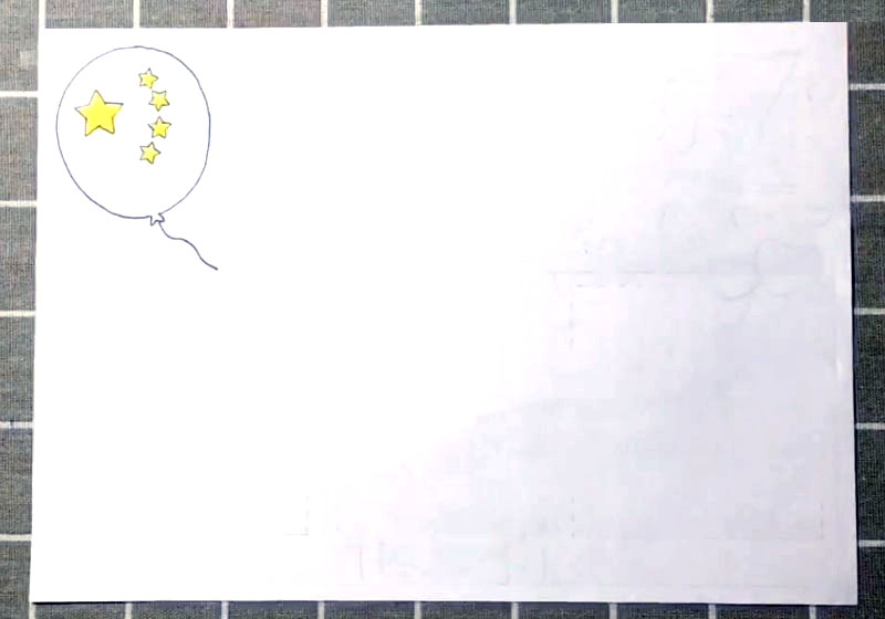 步骤1：首先在左上角画出带五角星的气球。