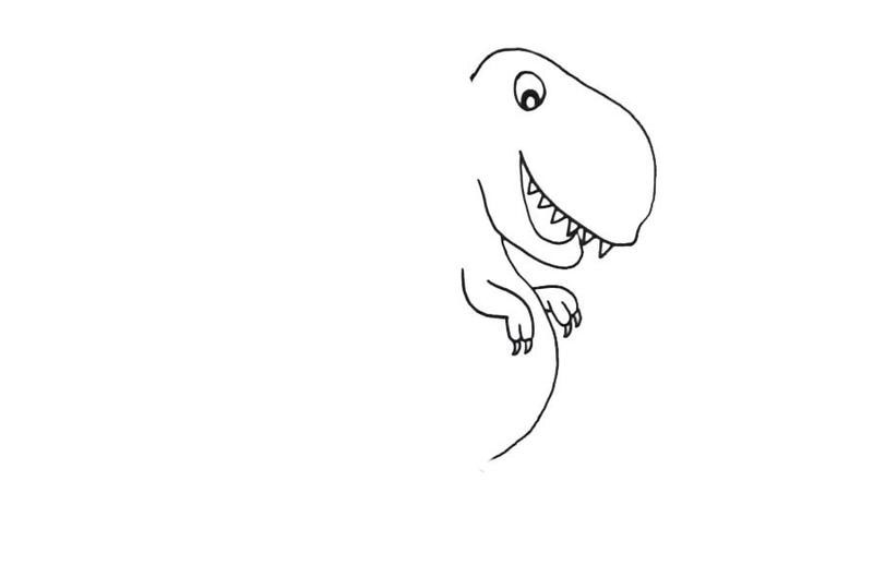 步骤2：画出恐龙的“小手”还有它那圆鼓鼓的小肚肚。