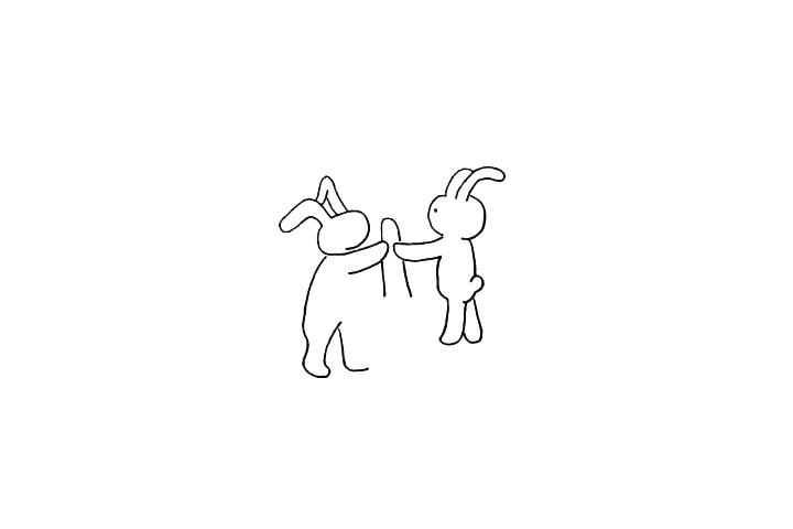 步骤6：在旁边画出另一只兔子.它们拿着一个料锤。