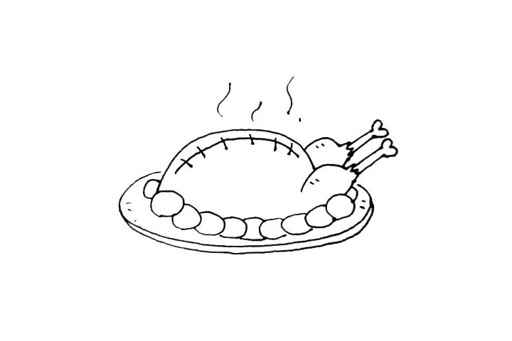 步骤7：再给火鸡画上一个盘子，下面画上一个椭圆形，加上一点厚度，上面还要画上一些热气。