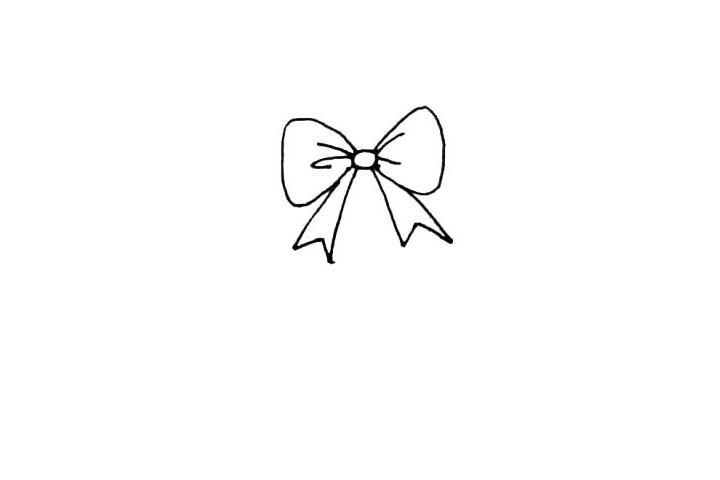 步骤3：蝴蝶结的下面，左右两边画下两条线，中间用小折线连起来。