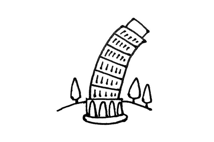 步骤7：建筑画好以后在后面画上一条弧线，加上三角形的树连接起来。