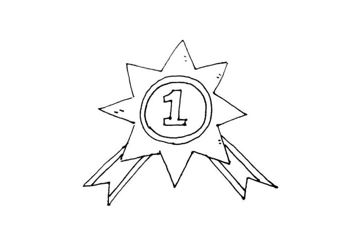 步骤6：用向内的尖角将它们连起来，并画出两条边作为装饰，奖章上也能画上一些小线段装饰。
